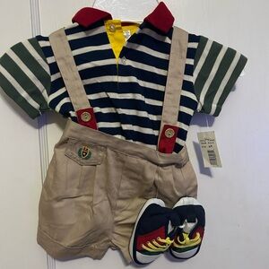 Striped Polo Romper with Suspenders and Shoes